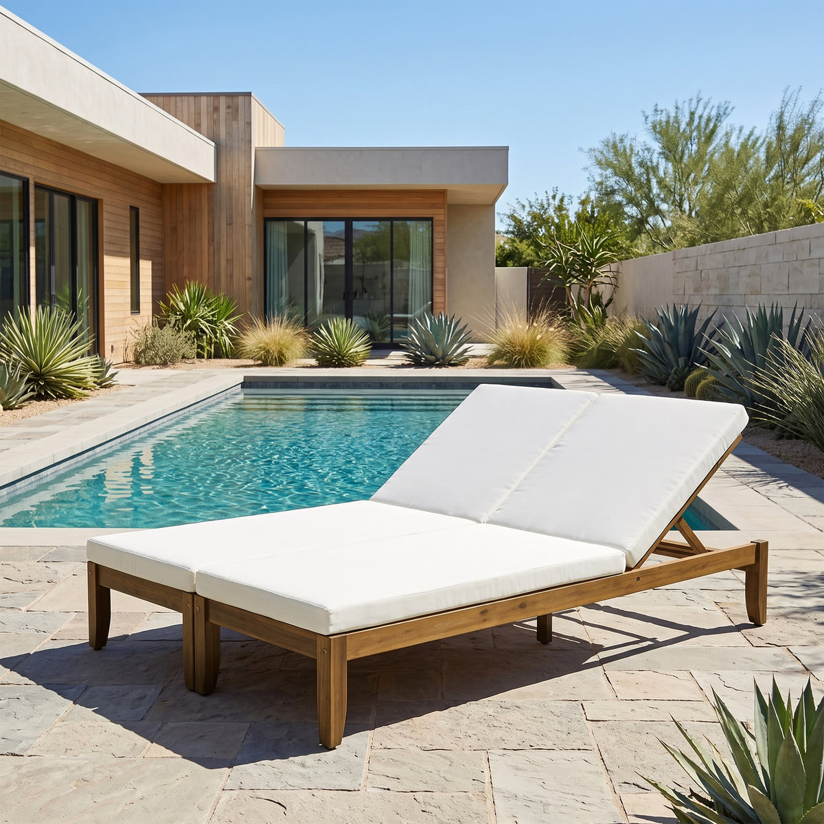 Adjustable Outdoor Patio Lounge Chair Two Seater Outdoor Recliner Patio Double Chaise Lounge with Weather-Resistant Pool Lounge Chair for Patio, Natural+Beige Cushion