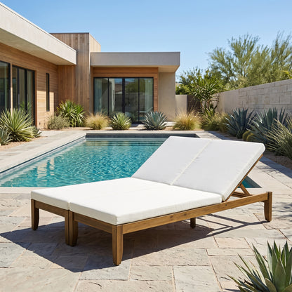 Adjustable Outdoor Patio Lounge Chair Two Seater Outdoor Recliner Patio Double Chaise Lounge with Weather-Resistant Pool Lounge Chair for Patio, Natural+Beige Cushion