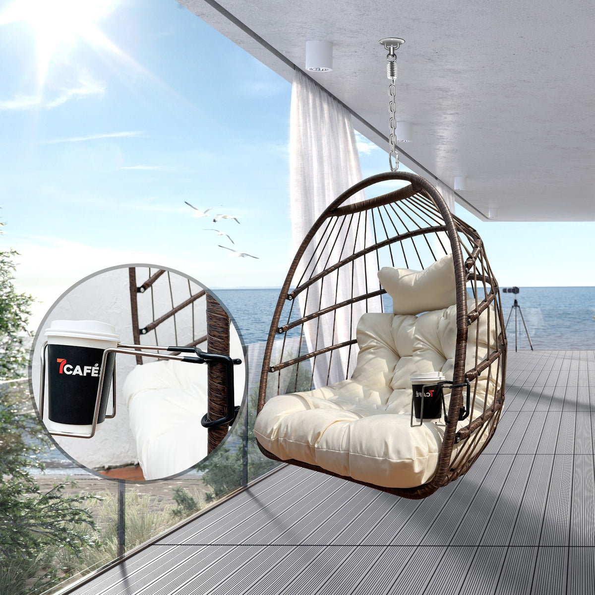 W2707P184371 Khaki Hanging Swing Egg Chair, Indoor Outdoor Anti-Aging Resin Wicker Hammock Chair with Removable Guardrail, Cup Holder, UV Resistant Thick Cushion, Foldable Lounge Chair, 350lbs Capacit
