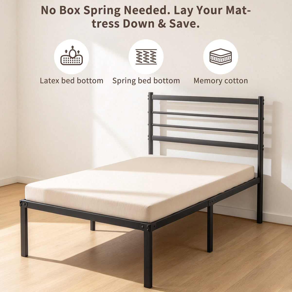 Twin Metal  Bed Frame with Headboard, 440 LBS Heavy Duty Steel Slat Support, No Box Spring Needed, 12.28" Under Bed Storage, Noise-Free & Easy Assembly, Black