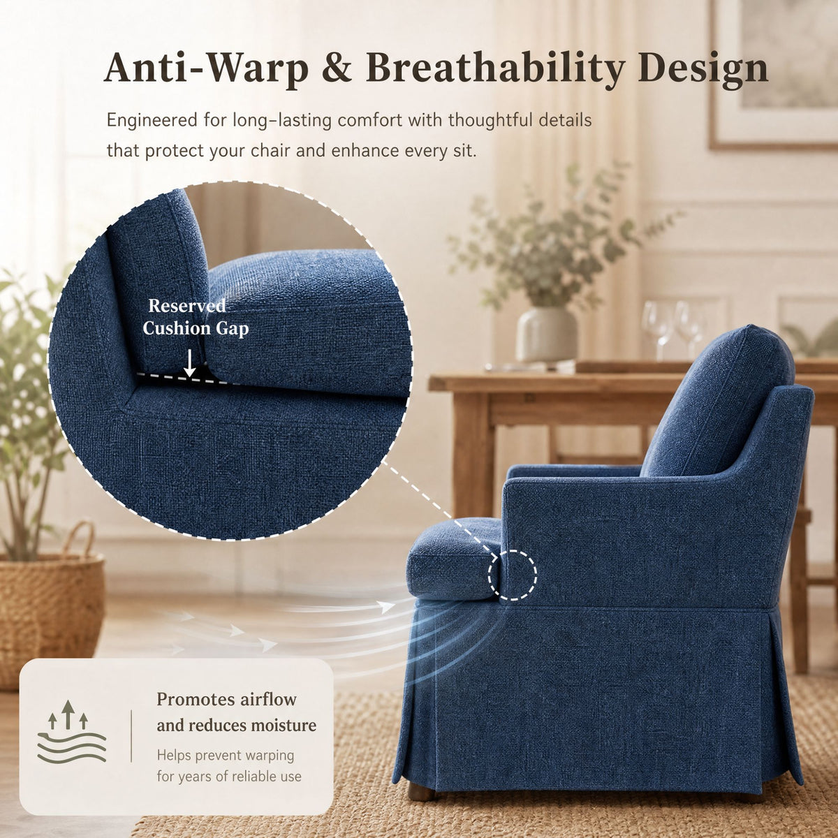 Upholstered Dining Chairs Set of 1, Modern Kitchen Chair Dining Room Chair with 4 Casters, Linen Armchair for Bedroom Reading Room Living Room, Navy