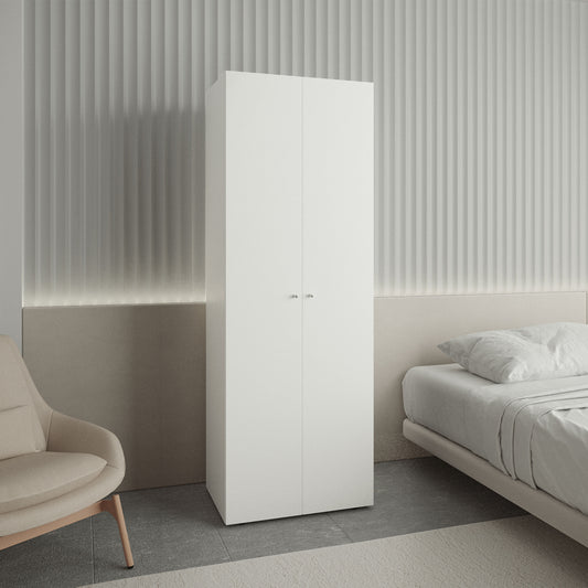 Home 2 Doors Closet System Armoire, Hanging Rod and Storage Shelf, Modern Armoire for Bedroom Organization Storage, White