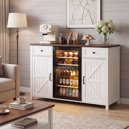 Farmhouse Coffee Bar with Mini Fridge Space & Built-in Charging Station,Large Bar Cabinet with Drawers & Adjustable Shelves for Kitchen, Dining Room, or Living Room, White