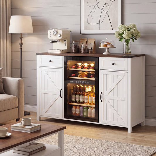 Farmhouse Coffee Bar with Mini Fridge Space & Built-in Charging Station,Large Bar Cabinet with Drawers & Adjustable Shelves for Kitchen, Dining Room, or Living Room, White