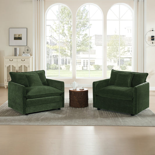 Accent Chair Set of 2, High-end Chenille Upholstered Armchairs, Living Room Side Chairs with Toss Pillow, Green Chenille