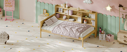 Twin Size Solid Wood Single Bed with Large Multi-compartment Storage Headboard Bookshelf, Simple Solid Wood Bed Frame, Multi-functional Storage Bed for Bedroom,Natural