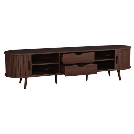 Mid Century Modern TV Stand for 70-Inch TV, Dark Brown MDF & Solid Wood Console with Tambour Doors, Drawers and Built-in Power Outlet