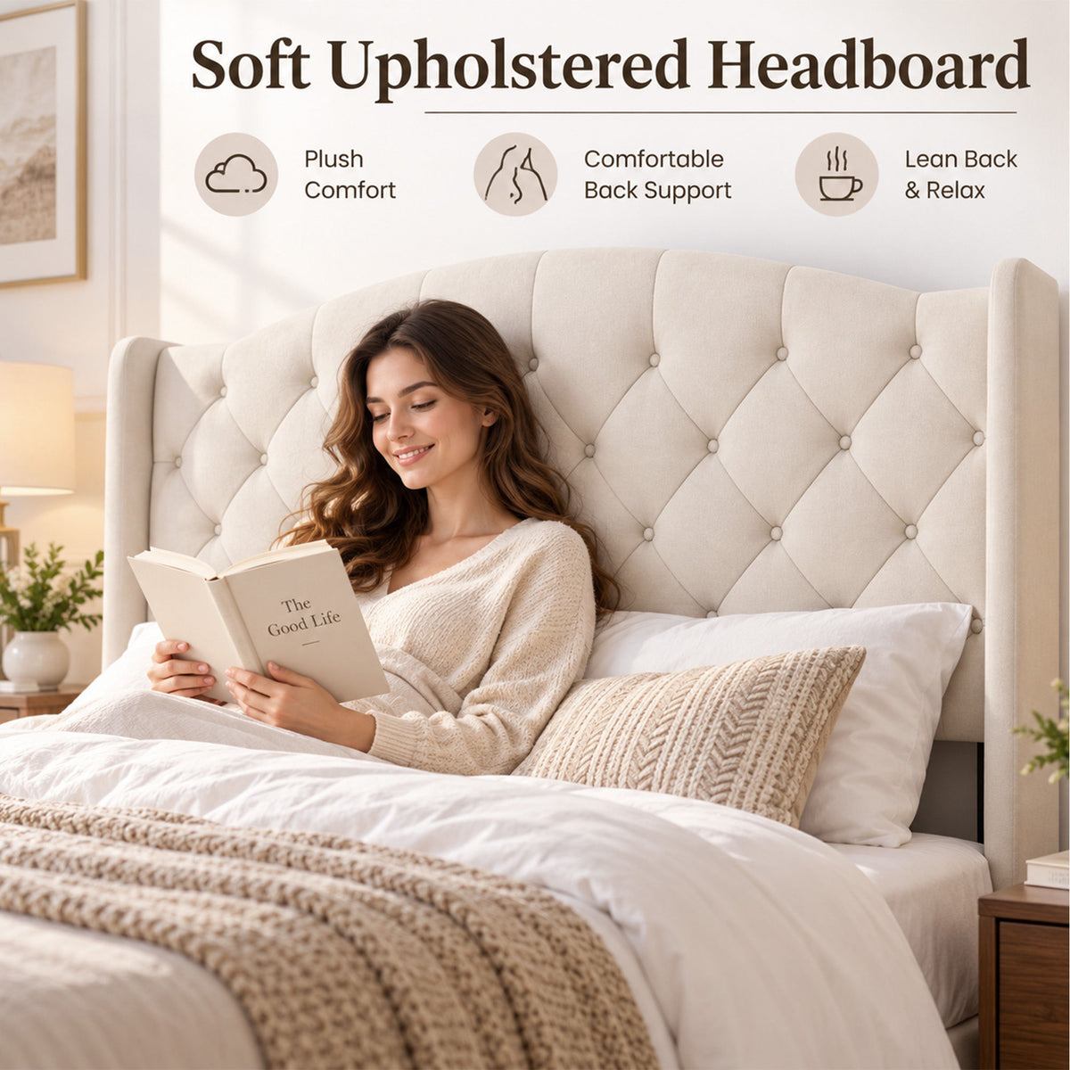 King Size Upholstered Platform Bed Frame with Velvet Tufted Headboard, Heavy Duty Metal Slats Support, No Box Spring Needed, Modern Wingback Design, Cream Beige