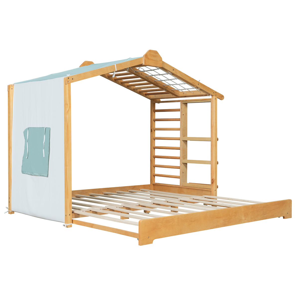 Twin Size House Bed with Twin Size Trundle and Side Shelves, Natural