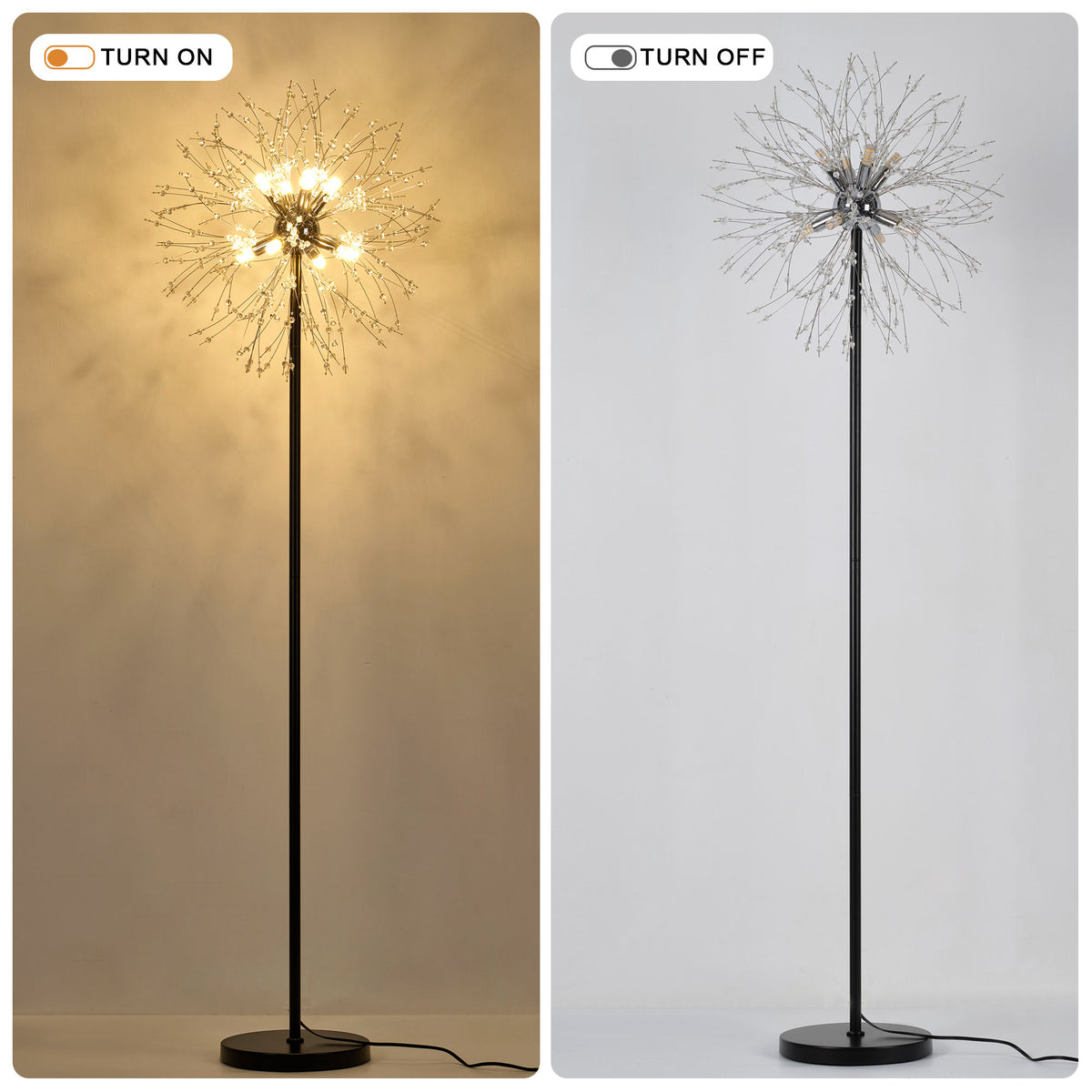 Dandelion Floor Lamp, Matte Black & Chrome Finish Metal Body with Glass Shade, Modern Standing Lamp for Home Decor