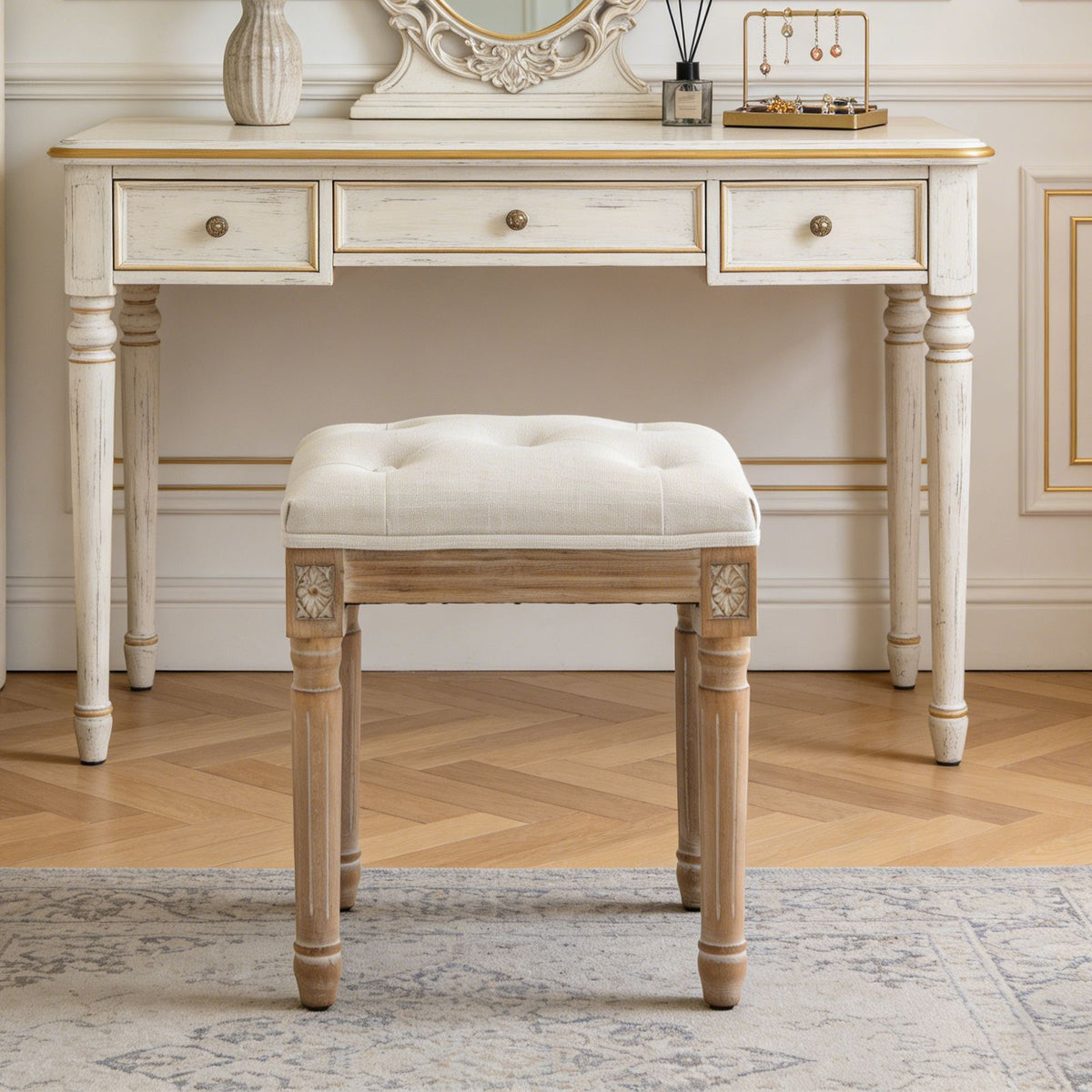 Tufted Vanity Stool with Linen Upholstery & Carved Solid Wood Legs, Dressing Bench for Bedroom, Beige