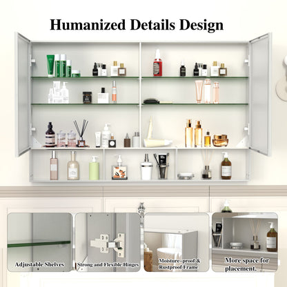 48X30 Medical Cabinet with Mirror, suitable for bathroom, wall-mounted bathroom mirror, with storage function, adjustable shelves, aluminum frame, surface-mounted, silver