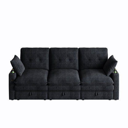 89-inch three-person cloud sofa with storage, armrests featuring hidden tabletop and USB ports, and armrests with storage function. High-quality cashmere three-person sofa. Suitable for living rooms,
