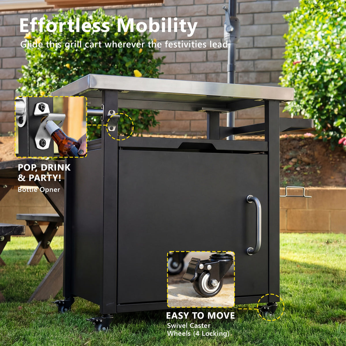 K&K 39.5" Outdoor Grill Cart with Storage Cabinet, Outdoor Bar Cart Pizza Oven Table with Wheels, Stainless Steel Top