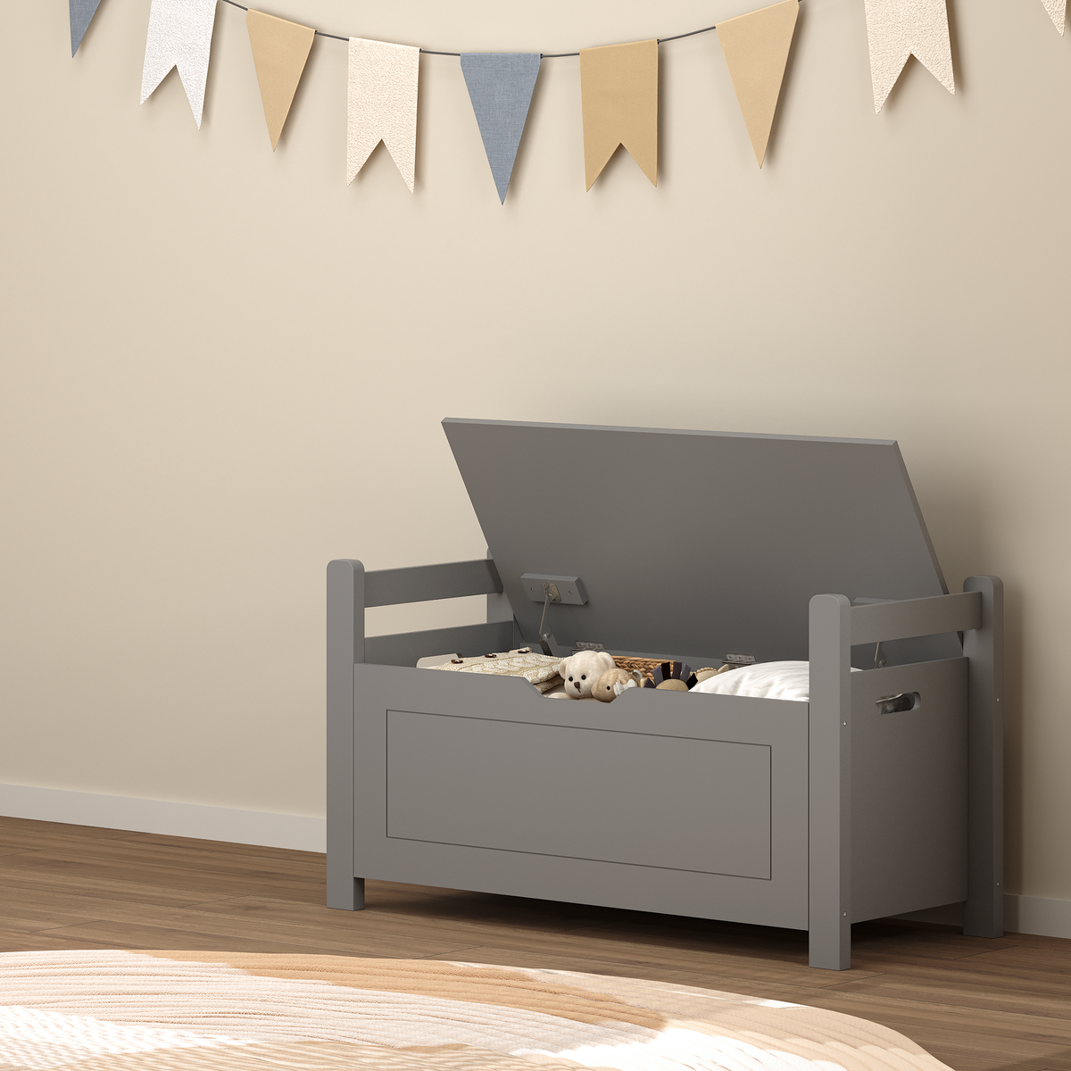 Kids Toy Box Chest for Boys Girls, Large Storage Cabinet with Cushion Seat Bench/ Flip-Top Lid/ Safety Hinge, Toy Storage Organizer Trunk for Nursery, Playroom (Gray)
