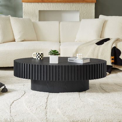 Modern Handcraft Drum Coffee Table Length 43.7 inch Ellipse Coffee Table, Oval Small Coffee Table with Sturdy Pedestal, Black MDF