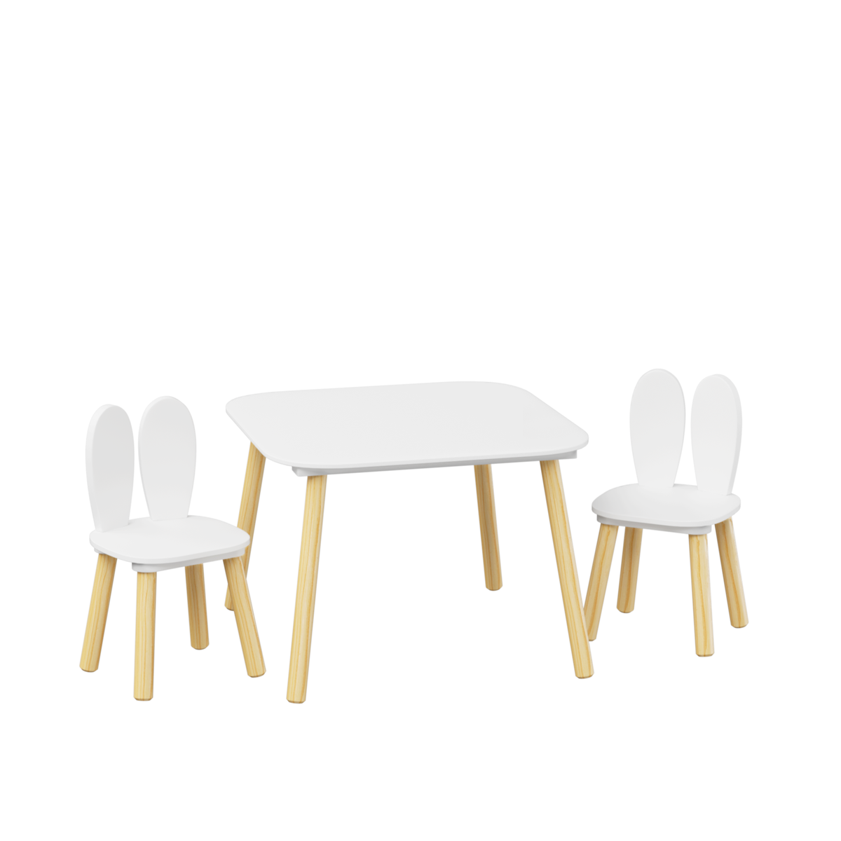 Rabbit Themed Kids Table and 2 Chairs Set, White Solid Wood & MDF Play Table with Rounded Edges