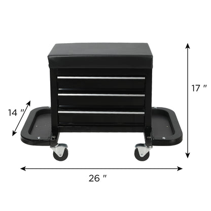 3-Drawer Tool Chest Rolling Mechanic Seat with Tool Trays, 350lbs Max Weight Capacity, Black