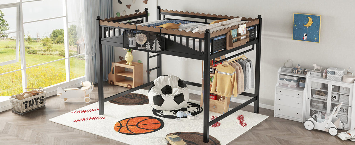 Queen Size Loft Bed with Ladders, Metal Loft Bed with Storage Shelves and bookshelf, No Box Spring Needed and Chic Design, Black