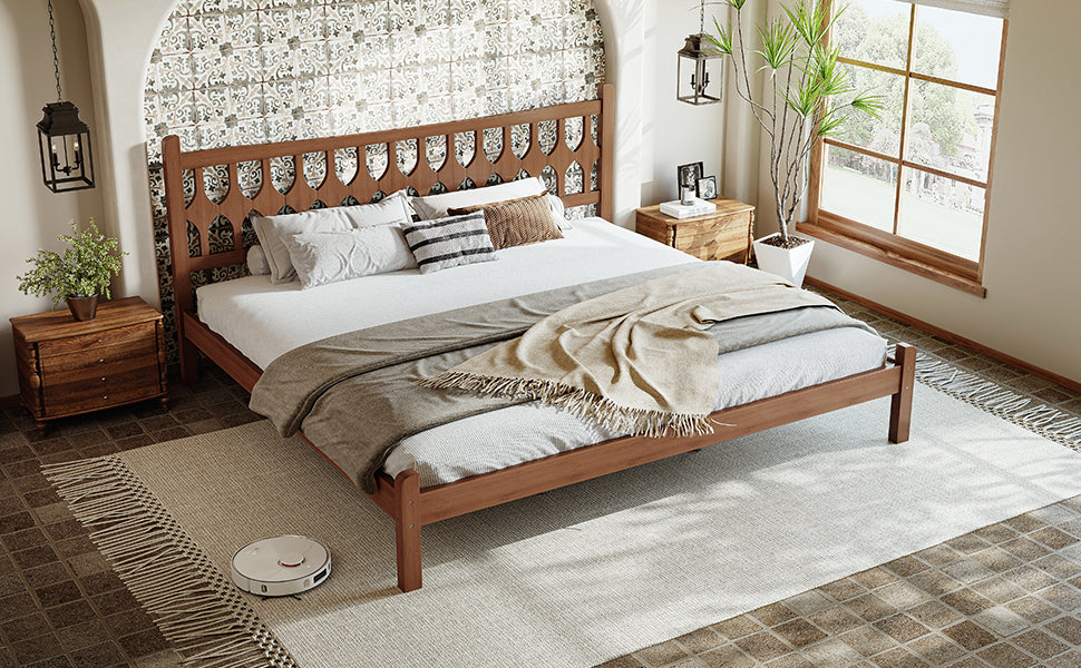 King Size Bamboo Platform Bed with Diamond-shaped headboard, Solid Bamboo-made Bed Frame with Support Slats, for Bedroom, Guest Rooms, Brown