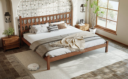 King Size Bamboo Platform Bed with Diamond-shaped headboard, Solid Bamboo-made Bed Frame with Support Slats, for Bedroom, Guest Rooms, Brown