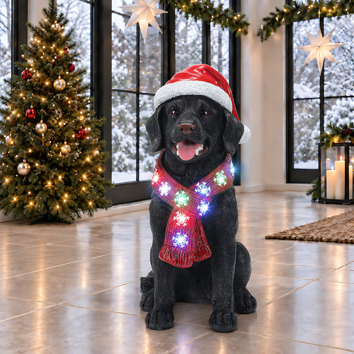 Lighted Christmas Golden Retriever Dog Statue, Santa Hat Puppy Figurine with LED Scarf