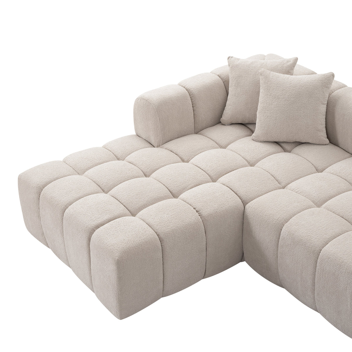 111.3" Camel Tufted Bubble Modular Sectional Sofa, Vacuum Compressed Foam L Shape Cloud Couch, Boucle Teddy Fabric Plush Corner Sofa with Pillows, Boneless Compression Sofa for Living Room.