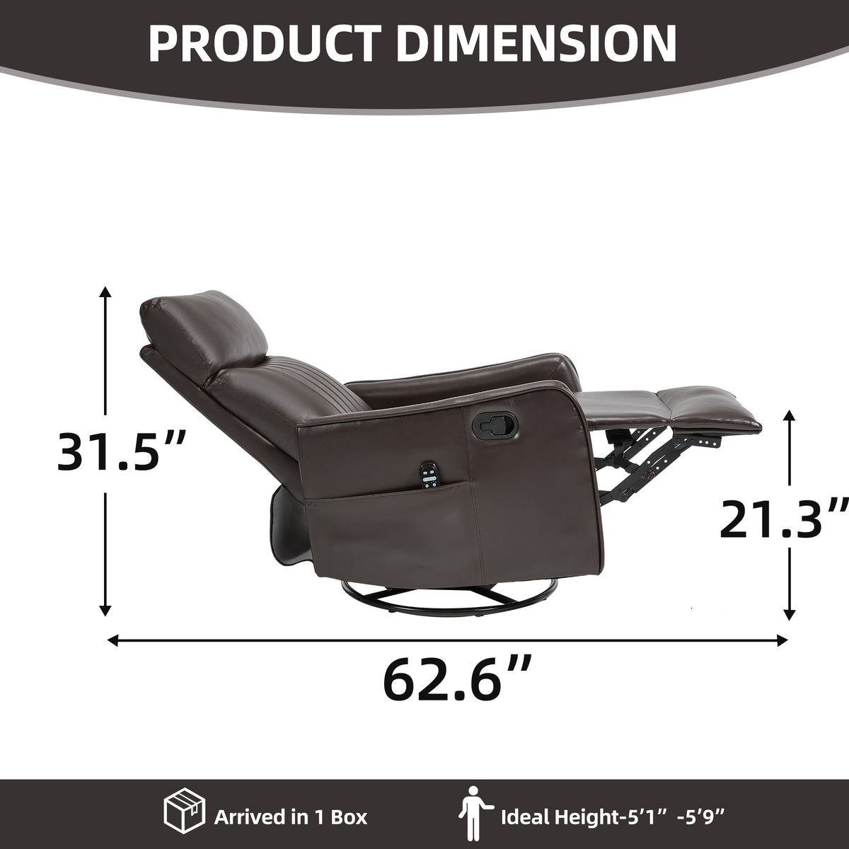 Brown Faux Leather Heat Massage Manual Recliner Chair with Rocker and Swivel for Living Room