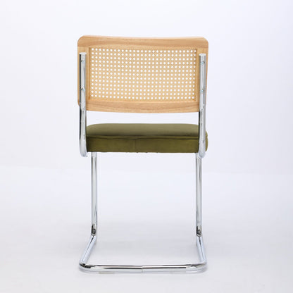Mid Century Modern Dining Chairs Set of 2, Velvet Accent Chairs with Natural Cane Back & Stainless Chrome Base