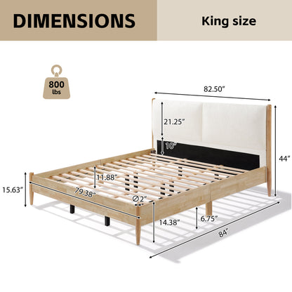 King Natural wood  Bed Frame with White Cozy Upholstered Headboard