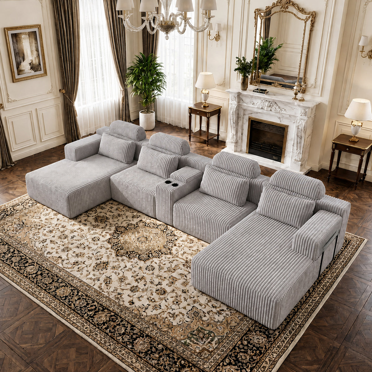 Modern  grey corduroy 6-seater U-shaped sofa with lounge chair and cup holder -145.7 inch oversized modular compression sofa, suitable for home theaters, luxury living spaces, tool free assembly