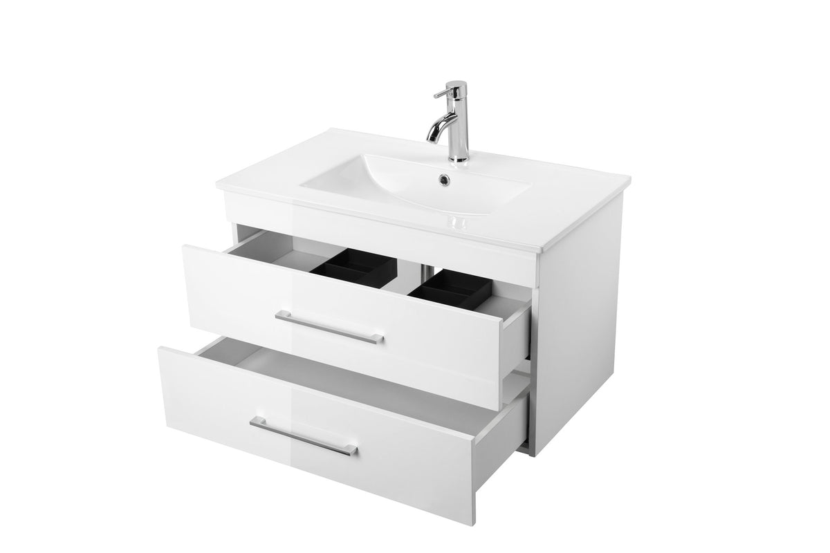 32-Inch White Gloss Wall-Mounted Bathroom Vanity with Double Drawers, Soft-Close System,Ceramic Sink, Create a Modern and Minimalist Bathroom Space!