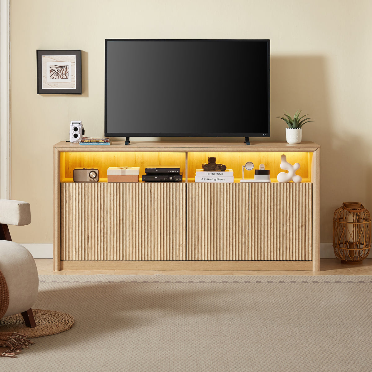67' Wooden Sideboard Buffet Cabinet with LED Light Strip & Power Outlets, 4‑Compartment Storage, Modern Coffee Bar Cabinet for Kitchen Dining Living Room,Natural