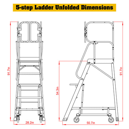 5 Step 375lbs Aluminum Rolling Platform Ladder