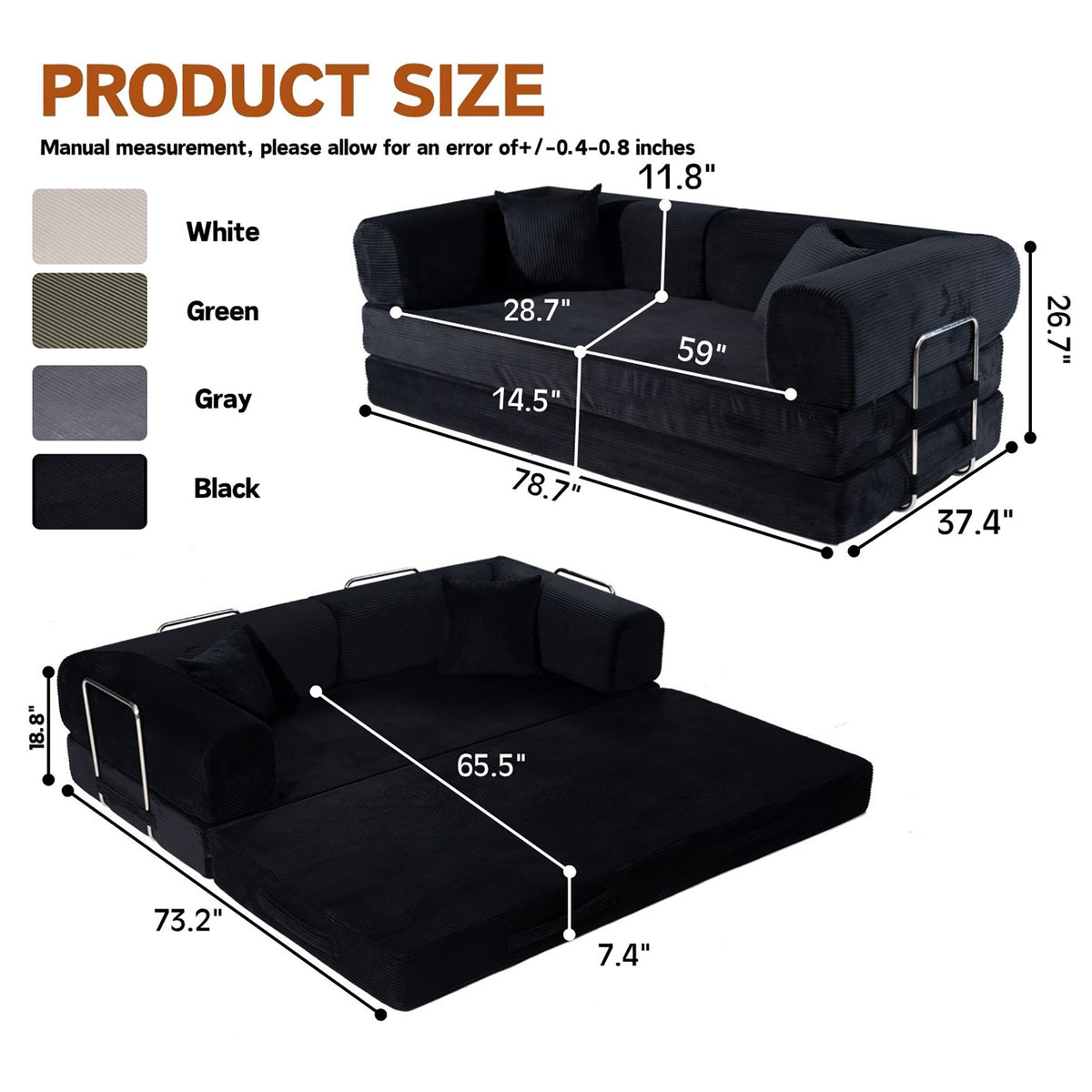 Convertible Sofa Bed, Folding Floor Couch Corduroy Fold Out Couch Bed Futon Sleeper Mattress with Pillows, Boneless Sofa for Living Room Bedroom,BLACK