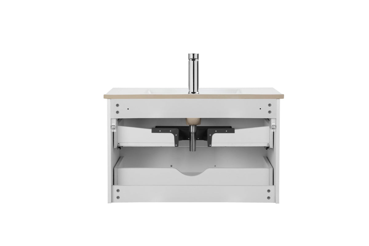 32-Inch White Gloss Wall-Mounted Bathroom Vanity with Double Drawers, Soft-Close System,Ceramic Sink, Create a Modern and Minimalist Bathroom Space!