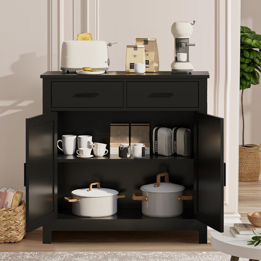 Kitchen Storage Cabinet, Modern Farmhouse Buffet Cabinet with Storage, Coffee Bar with 2 Drawers and 2 Doors, Floor Sideboard Buffet for Living Room, Dining Room, Bathroom, (Black)
