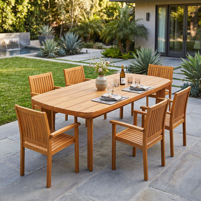 7‑Piece Acacia Wood Outdoor Dining Set, 71' Oval Teak Finish Patio Table & 6 Slatted Arm Chairs, Solid Acacia Wood Frame, Weather‑Resistant for Backyard Garden Deck