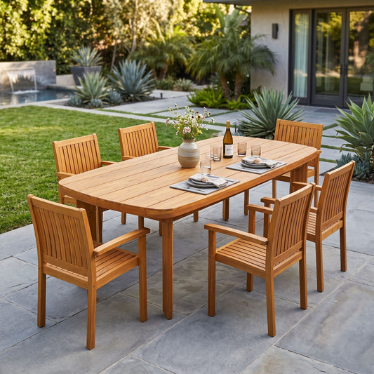 7‑Piece Acacia Wood Outdoor Dining Set, 71' Oval Teak Finish Patio Table & 6 Slatted Arm Chairs, Solid Acacia Wood Frame, Weather‑Resistant for Backyard Garden Deck