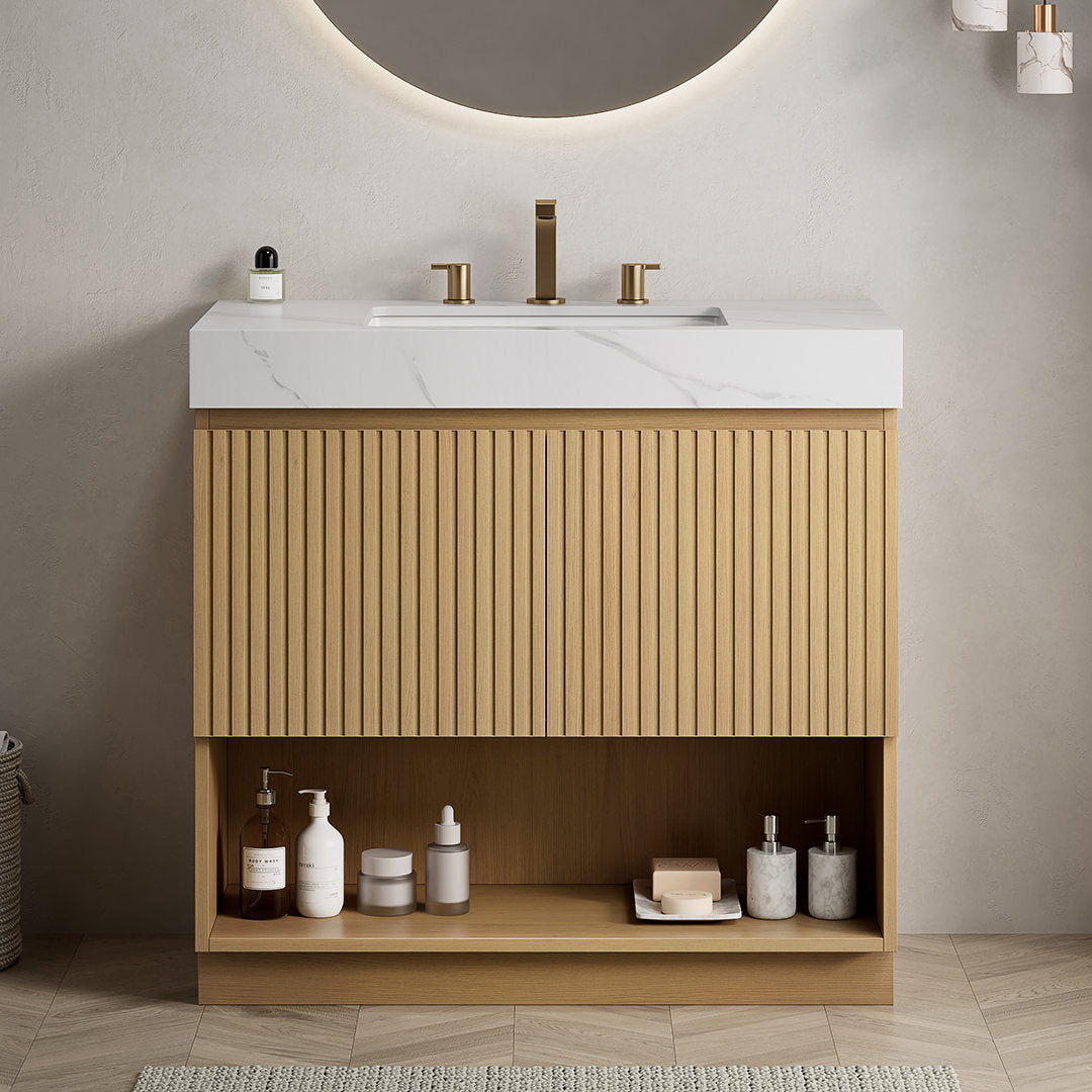 FINO 36" Bathroom Vanity&Sink,Freestanding Cabinet,Carrara White  Sintered Stone Top&Ceramic Basin with 3 Pre-drilled Faucet Holes, Disassembled, Faucet & Drain Excluded, Corolla Oak Woodgrain Color