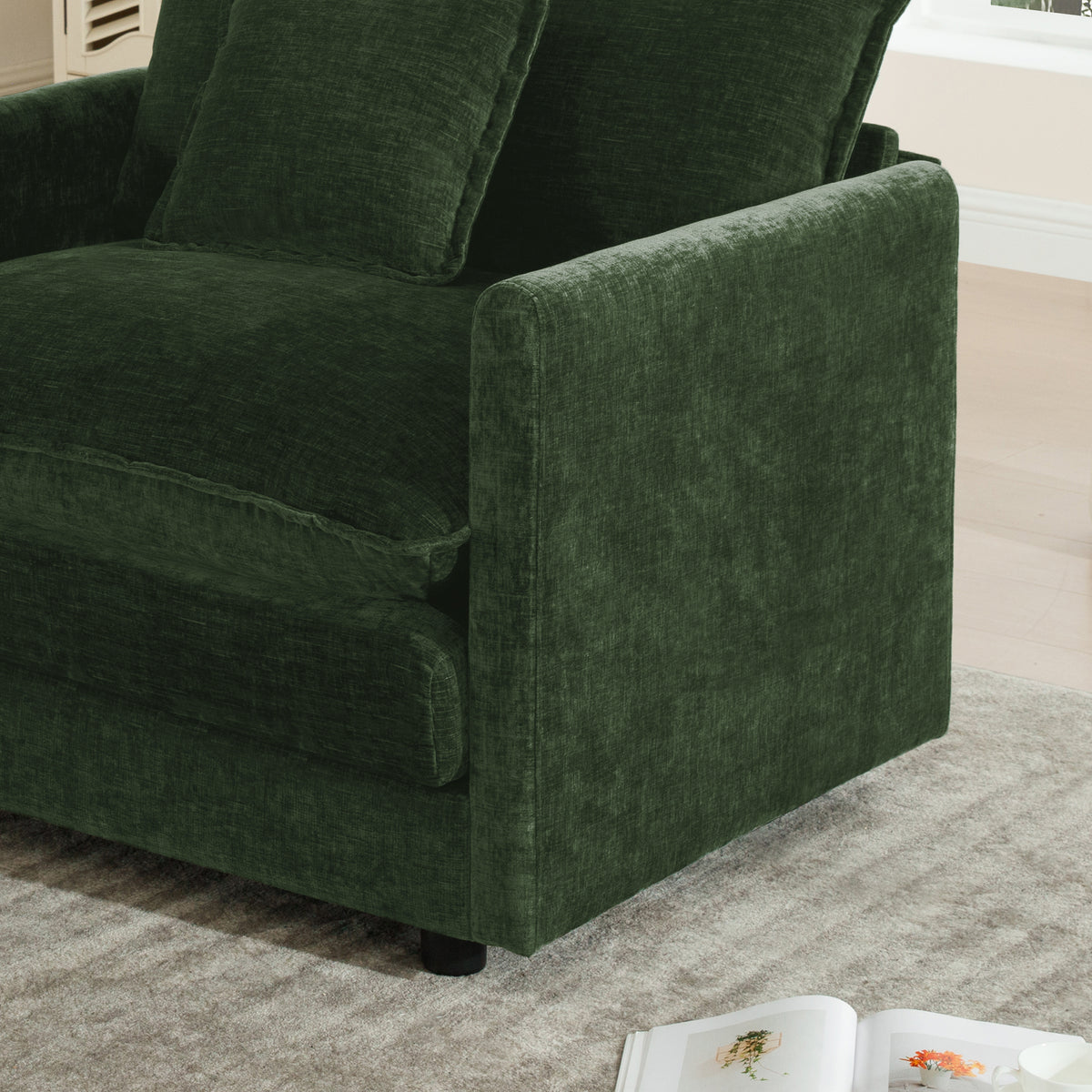 Accent Chair Set of 2, High-end Chenille Upholstered Armchairs, Living Room Side Chairs with Toss Pillow, Green Chenille