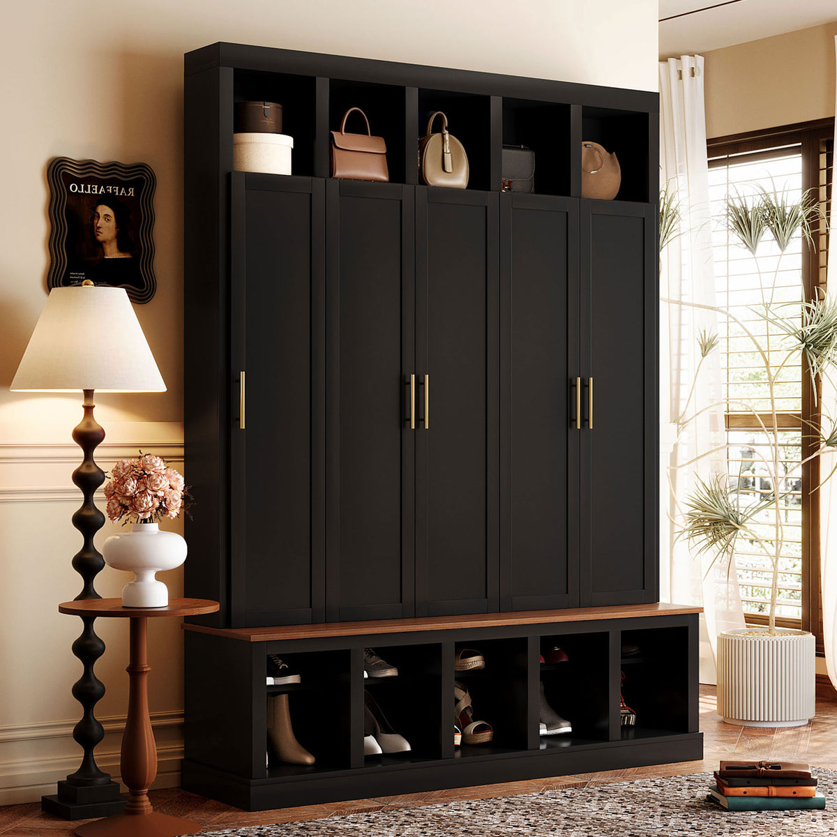U-Can Farmhouse Entryway Storage Cabinet Coat Closet with Shoe Rack & Display Cubbies