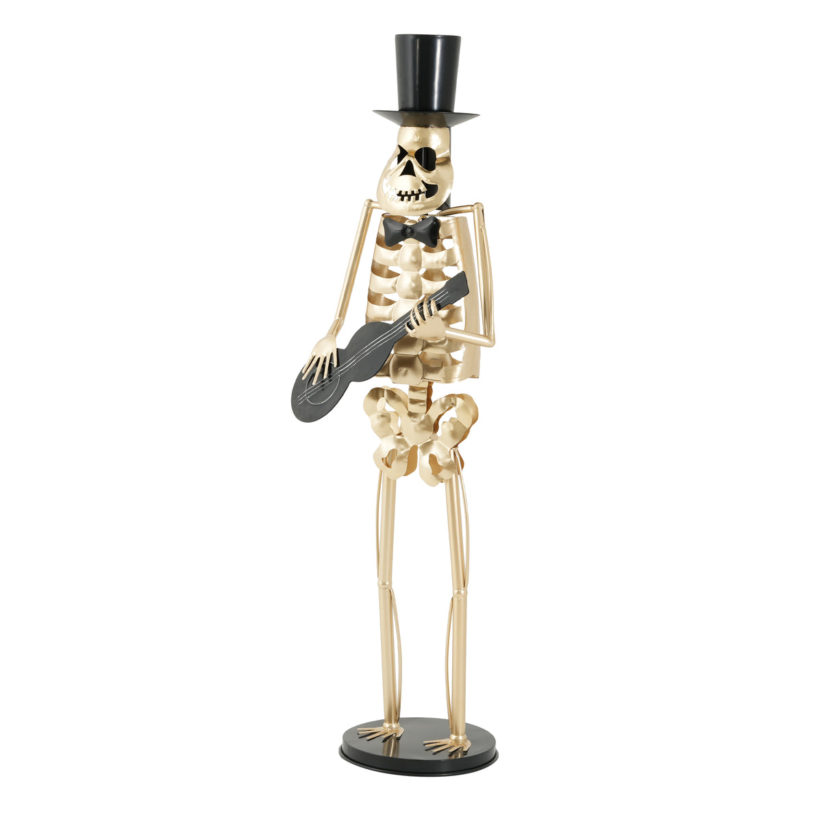 Metal Skeleton Musician Statue, 64.6 Inch Standing Guitar Player with Top Hat & Bow Tie, Gold Iron Decor for Halloween Indoor Outdoor Party Display