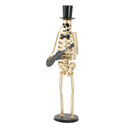 Metal Skeleton Musician Statue, 64.6 Inch Standing Guitar Player with Top Hat & Bow Tie, Gold Iron Decor for Halloween Indoor Outdoor Party Display