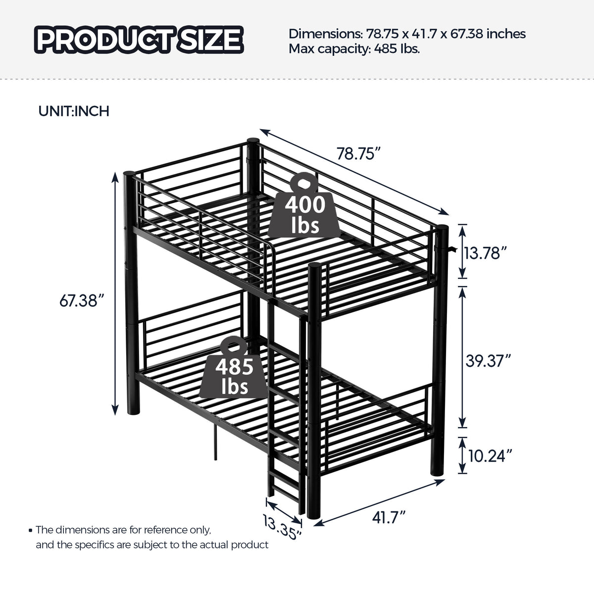 Metal Twin Over Twin Bunk Bed, Convertible into 2 Separate Twin Beds, 13.78" Full-Length Guardrails, Extra-Wide Ladder, Anti-Tip Brackets, Black Bunk Bed Frame for Kids, Teens & Adults