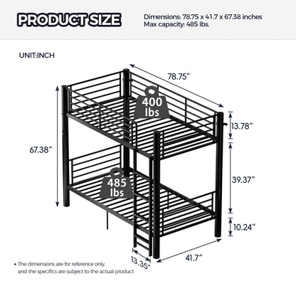 Metal Twin Over Twin Bunk Bed, Convertible into 2 Separate Twin Beds, 13.78" Full-Length Guardrails, Extra-Wide Ladder, Anti-Tip Brackets, Black Bunk Bed Frame for Kids, Teens & Adults