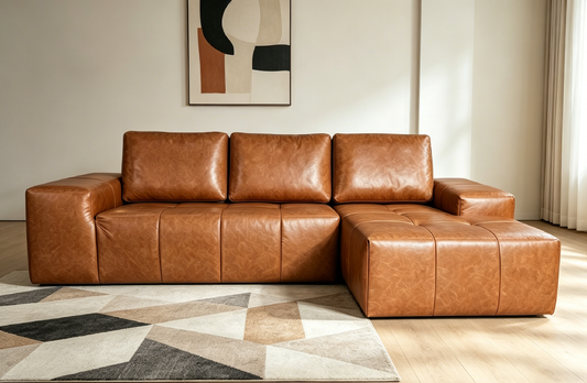 Boneless Couches for Living Room, Brown Faux Leather Cloud Sectional Couches with Chaise, Deep Seat L Shaped Modular Sofa, No Assembly Required Sofas in a Box(Right,Faux Leather,Brown)