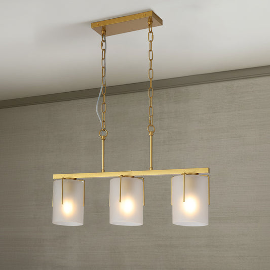 Modern Gold 3-Light Linear Chandelier, E26 Base, Adjustable Height Pendant Light with Milky White Frosted Glass Shades