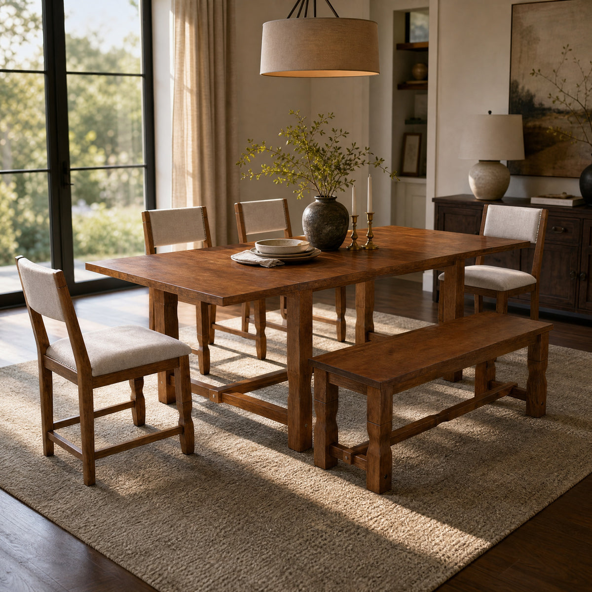 TOPMAX 6-Piece Dining Set with Bench, Extendable Rubberwood Table with 2 Removable Leaves, 4 Padded Chairs and 1 Bench for Kitchen Dining Room, Brown