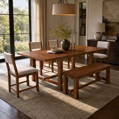 TOPMAX 6-Piece Dining Set with Bench, Extendable Rubberwood Table with 2 Removable Leaves, 4 Padded Chairs and 1 Bench for Kitchen Dining Room, Brown